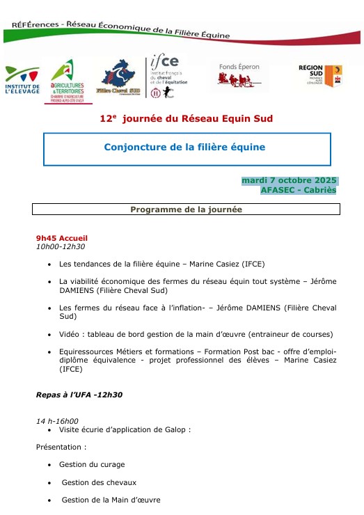12ème journée du Réseau Equin Sud - Mardi 7 Octobre 2025 - Programme de la journée