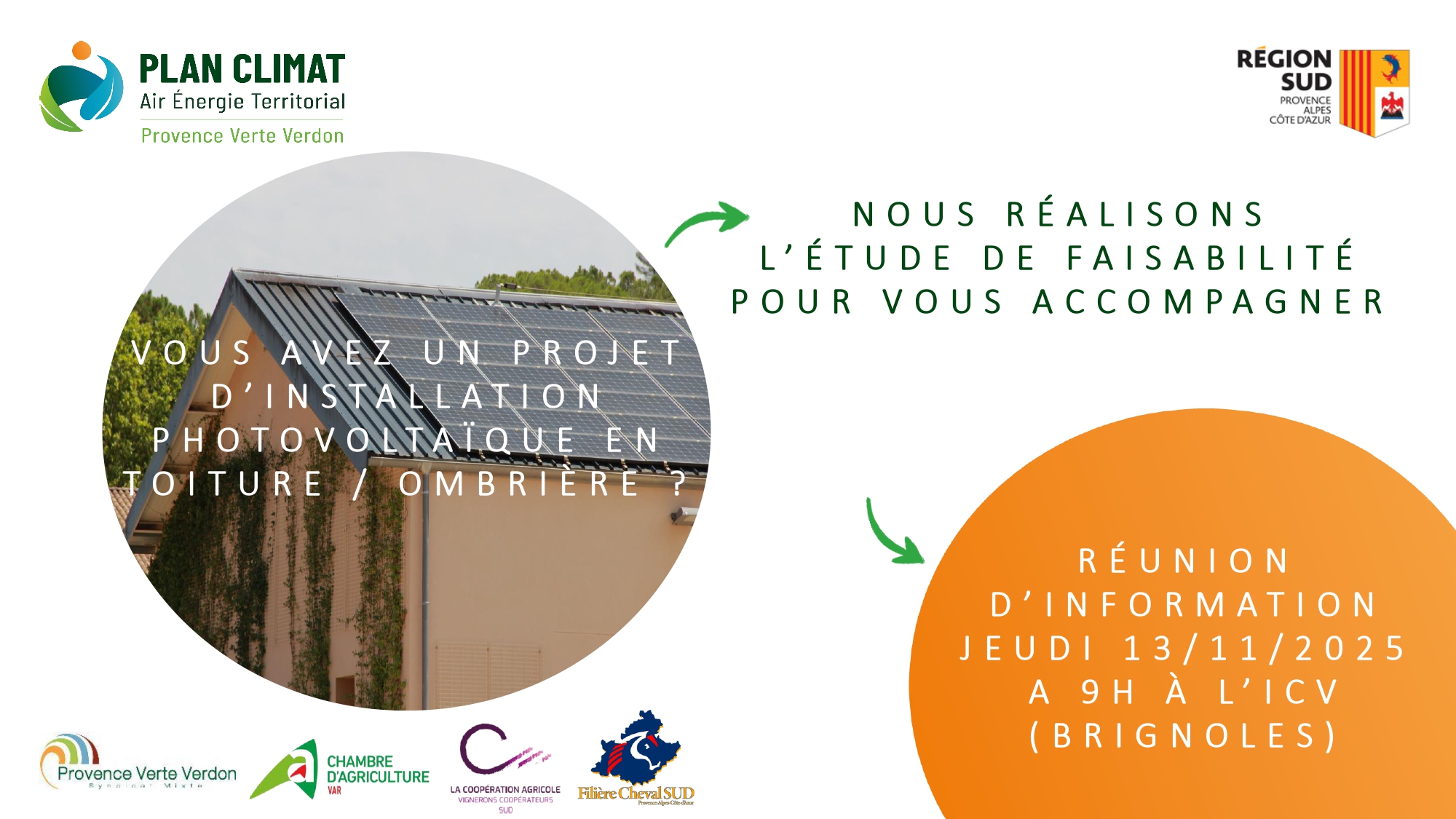 Étude de faisabilité pour vos projets d'installation photovoltaïque en toiture / ombrière. Réunion d'information le Jeudi 13/11/2025 à 9h à l'ICV (Brignoles).